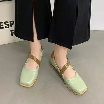 Туфли женские с квадратным носком, разноцветные босоножки на низком каблуке, лето 2024 г., разноцветные туфли Мэри Джейн из искусственной кожи, базовый резиновый каблук 35 бежевый