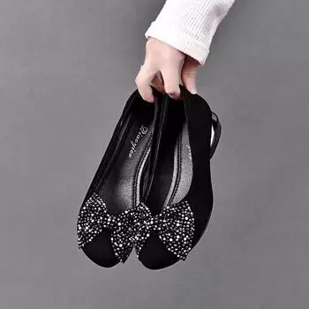 Туфли женские с неглубоким бантом, весна 2024, новые, с круглым носком, на низком каблуке, матовая мягкая подошва, с одной педалью 35 чёрный