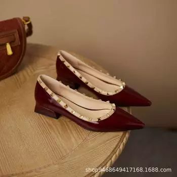 Туфли женские с острым носком на среднем каблуке 2025 весна заклепки неглубокий носок лакированная кожа женская мода мягкая кожа толстый каблук туфли женские 34
