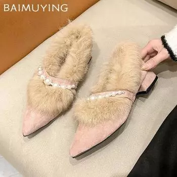 Туфли женские с острым носком, украшенные мехом и бисером, замшевые модные элегантные массивные туфли-лоферы, женская обувь 2025 года, зимние туфли-лодочки со стразами, платье, снежные ботинки 35 чёрный