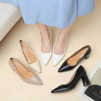 Туфли женские с острым толстым каблуком и неглубоким носком, летние 2024 года, удобные, простые, модные, на высоком каблуке 35 белый