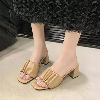 Туфли женские с открытым носком женские тапочки модные женские туфли с квадратным носком плиссированные высокие каблуки большие размеры современные сандалии 35 абрикосовый