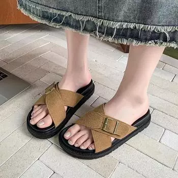 Туфли женские с открытым носком женские тапочки повседневные тапочки женские пряжки круглый носок плоские сандалии на платформе женские 35