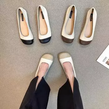 Туфли женские с плоской подошвой и светлым носком, соответствующие цвету, весна и осень 2025 г., новые туфли в стиле ретро для бабушек с круглой подошвой и одной педалью 35 чёрный