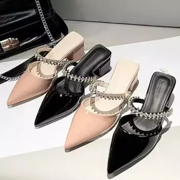 Туфли женские с закрытым носком женские тапочки больших размеров современные тапочки женские с острым носком кристаллы женские сандалии на толстом каблуке 35