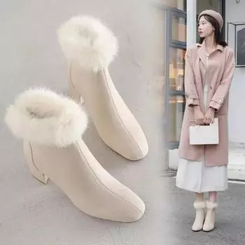 Туфли женские сапоги на молнии сапоги-женщины плюшевые зимние туфли рок резина высокий каблук средний щиколотки римские сплошные флок базовые ПУ Sq 35