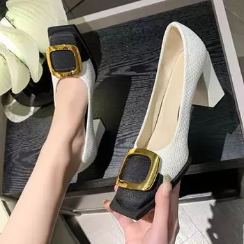 Туфли женские Slip On Retro на каблуках, босоножки на каблуках золотистого цвета, женские универсальные фирменные туфли-лодочки с квадратным носком 2024 года, баскетбольная платформа, слипоны, шнуровка 34 чёрный