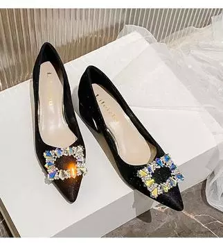 Туфли женские современные туфли-лодочки весна-лето OL с острым носком повседневные туфли на высоком каблуке блестящие туфли со стразами 35-43 35 чёрный