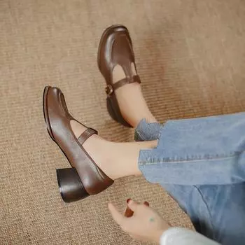 Туфли женские Teahoo Retro Mary Jane с Т-образным ремешком и квадратным носком на французском толстом каблуке черного цвета из кожи 37 темно-коричневого