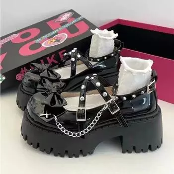Туфли женские Туфли-лодочки Черные Туфли Мэри Джейн с большим бантом Удобные Туфли-лодочки Лолита на толстой платформе Туфли в стиле панк-готика для косплея 35 чёрный