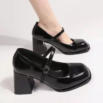 Туфли женские Туфли Мэри Джейн на высоком каблуке с пряжкой, нескользящие, повседневные, среднего каблука, офисные туфли для женщин Туфли-лодочки 34 чёрный