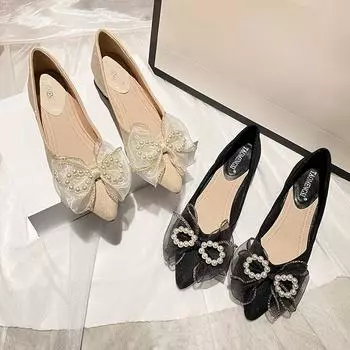 Туфли женские универсальные женские одинарные туфли с жемчужным остроконечным бантом Женская обувь большого размера Туфли для свадьбы Женские туфли Мэри Джейн 43