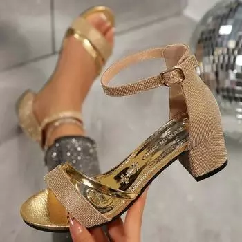 Туфли женские закрытые каблуки женские босоножки больших размеров сандалии женские с кристаллами на щиколотке пряжка ремешок туфли на толстом каблуке женские 35