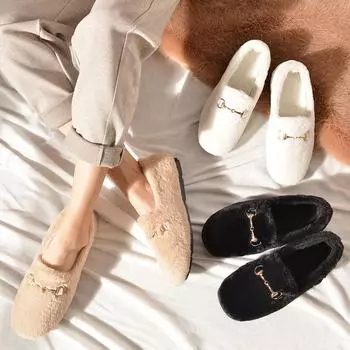 Туфли женские зимние популярные пушистые 2024 зима новые с хлопковой подкладкой и бархатом теплые универсальные туфли для беременных женщин с одной педалью 35