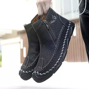 TUINANLE Hand-stitching Leather Men Boots Casual Leather Shoes Men Ankle Boots Zipper Shoes 39 чёрный