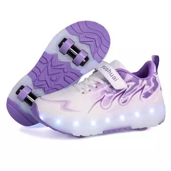 TUINANLE Kid Led Sneakers USB Charging Luminous Shoes Outdoor Sport Roller Skates Children Four Wheels Boys Girls Casual Shoes Glowing 35 фиолетовый