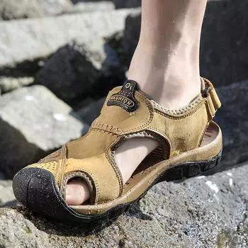 TUINANLE Летние мужские сандалии Повседневная обувь Уличные кожаные тапочки Пляжная обувь Римские сандалии 39 чёрный