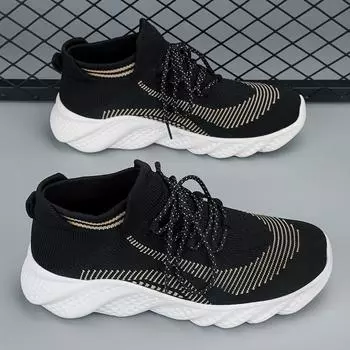 TUINANLE Men s Fashion Trend Casual Shoes Lace-up Comfortable Breathable Mesh Socks Shoes Cool Black Gold Sneakers 39 чёрный