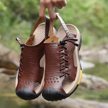 TUINANLE Men s Hiking Sandals Waterproof Arch Support Water Shoes Anti-Slip Beach Summer Sandals Adjustable Leather Slippers 39 коричневый