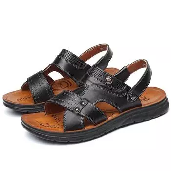 TUINANLE Мужские сандалии из искусственной кожи, летние пляжные шлепанцы, повседневные коричневые туфли в стиле ретро, шлепанцы для улицы, нескользящие сандалии 39 чёрный