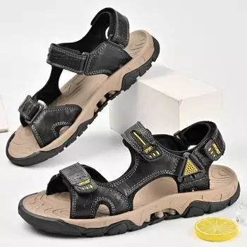 TUINANLE Мужские сандалии Летняя кожаная обувь Мужские шлепанцы Нескользящая подошва Повседневная Деловая Пляжная обувь для мужчин 39 чёрный