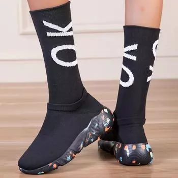 TUINANLE толстые подошвы длинные сапоги для женщин эластичные носки туфли сапоги до середины голени круглый носок низкий каблук 36 чёрный