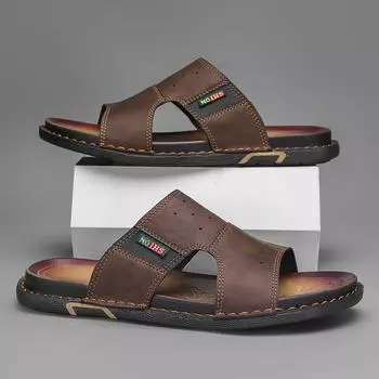 TUINANLE Уличные мужские шлепанцы Кожаные Модные Крутые Летние Нескользящие Пляжные Туфли Винтажные Модные Шлепанцы для Мужчин Легкие Противоскользящие Сандалии 40 коричневый