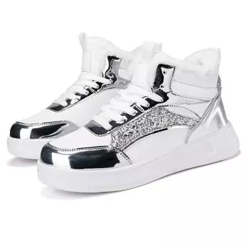 TUINANLE Зимние плюшевые туфли женские высокие кроссовки на шнуровке теплые блестящие туфли 36 серебряный