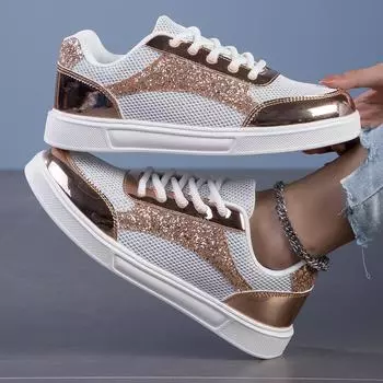 TUINANLE/женская обувь на платформе, нескользящие массивные кроссовки с золотыми блестками, женские повседневные туфли для скейтборда 35 белый/золотистый