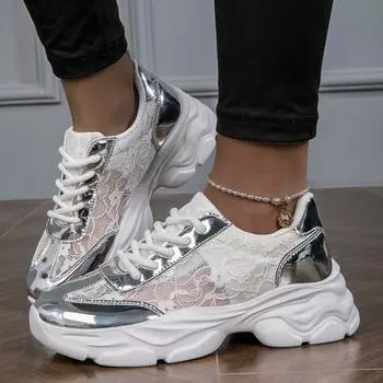 TUINANLE/Женская обувь, серебристые дышащие кроссовки на платформе с кружевным верхом, женские нескользящие повседневные туфли на толстой подошве