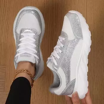 ТУИНАНЛЕ Женская обувь Спортивные туфли Блестки Клинья Обувь Шейк Серебристый Удобные Спортивные Бег Трусцой Теннис Шнуровка Кроссовки для бега 39 серебряный