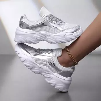 TUINANLE Женские блестящие кроссовки с дышащей сеткой, удобные белые туфли на платформе 39 серебряный