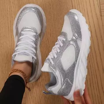 TUINANLE Женские блестящие плоские серебристые повседневные кроссовки, трендовая версия, свадебная мода, круглые туфли для пары 39 серебряный