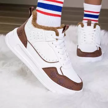 TUINANLE зимняя женская обувь теплые плюшевые кроссовки из искусственной кожи на плоской подошве со шнуровкой женская обувь мужские высокие кроссовки 36 коричневый/белый