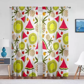 Тюль для окон с мультяшными фруктами для гостиной, детской спальни, декора кухни, арбуз, киви, ананас, прозрачная вуаль 1 PCS W100XH250cm&Rod Pocket