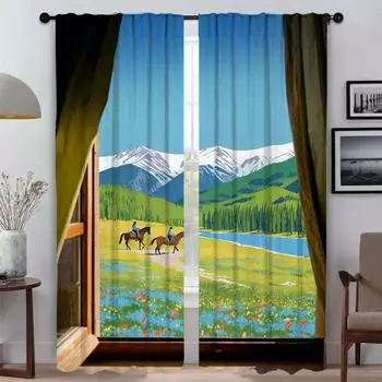 Тюль для спальни Green Grassland Elegant Room Curtains 2 Pieces Home Interior Curtains Halloween Decoration Shades Partition W50xH70cmx2pcs-CL