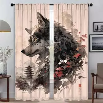 Тюль для спальни, японские животные, занавески для комнаты, 2 панели, занавески для домашнего интерьера, украшения на Хэллоуин, перегородки W50xH70cmx2pcs-CL