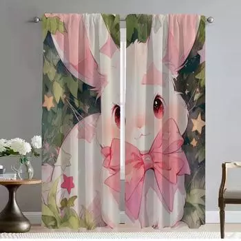 Тюль для спальни, животных, кроликов, оленей, цветов, элегантные шторы для комнаты, 2 шт., затемняющие шторы на Хэллоуин, украшения, оттенки для гостиной W50xH70cmx2pcs-CL