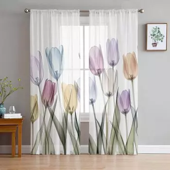 Тюльпан Цветок Акварель Стиль Прозрачные Шторы для Украшения Гостиной Оконные Шторы для Кухни Тюль Вуаль Органза Шторы W135 x H115cm x1