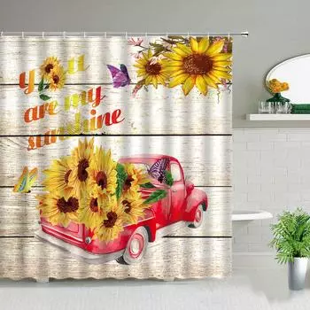 Тюльпан Цветок Душевая Занавеска Ферма Красный Грузовик Подсолнух Растение Бабочка Пейзаж Ванная Декоративный Экран Cortina de la Ducha 90X180CM