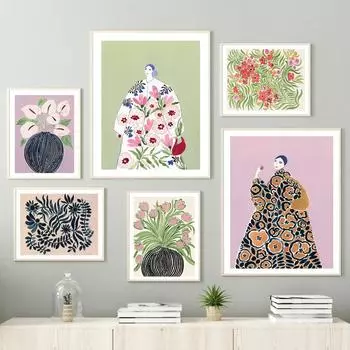 Тюльпан Фиалки Ваза Женское Пальто Цветок Светло-Зеленый Абстрактный Плакат Эстетика Печать Настенная Живопись На Холсте Декор Гостиной Без Рамки 21*30cm No Frame