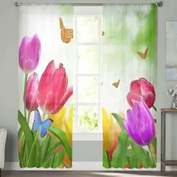 Тюльпан с бабочкой, прозрачные шторы, вуаль для спальни, занавеска для гостиной, окна, прозрачные шторы для кухни, тюлевые шторы 135W x 114H(cm)