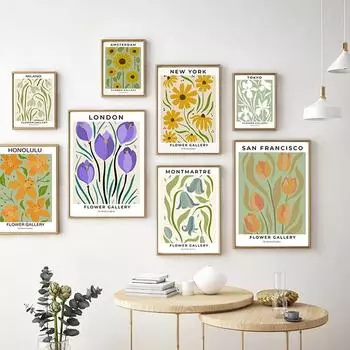 Тюльпан Утренняя слава Подсолнечник Цветочный рынок Принт Абстрактная настенная живопись Холст Картина Плакат Скандинавская картина Современная комната Домашний декор 21x30cm No Framed