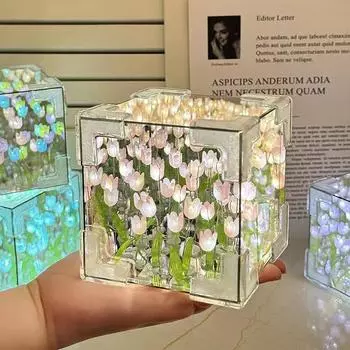 Тюльпан Зеркальный куб Лампа Имитация Цветка Спальня Спальный Настольный Светильник Ручная работа DIY Ремесло Тюльпаны Зеркальный Ночной Светильник Подарки на День Рождения 21 flowers USB