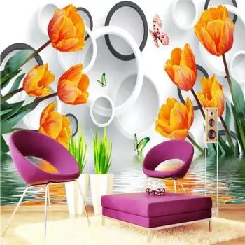 Тюльпановые обои 3d цветочные круглые настенные обои для гостиной, спальни, телевизора, фоновые обои 200 cm(W) x 140 cm(H)