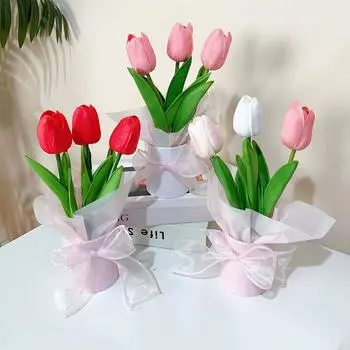 Тюльпаны Букет-ведерко Орнамент Световая гирлянда Сумочка Подарочная упаковка Цилиндрическая коробка Сделай Сам Флорист Цветочная композиция Конфетный декор
