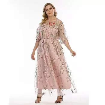 Тюль с цветочным принтом, платья больших размеров для женщин, платье с кружевной аппликацией и круглым вырезом, летнее сетчатое прозрачное блестящее плиссированное платье с цветочным принтом, модные платья для пригородов 1XL розовый