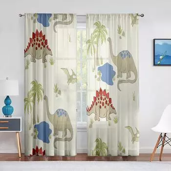 Тюль с изображением динозавра, прозрачные оконные шторы для гостиной, детской спальни для мальчиков, современный тюль, вуаль, украшение для занавески 1 PCS W100XH250cm&Rod Pocket