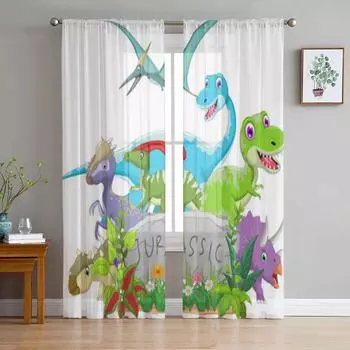 Тюль с изображением динозавра в джунглях, прозрачные оконные шторы для гостиной, спальни, современная шифоновая вуаль, тканевые шторы 135W x 114H(cm)