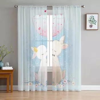 Тюль с изображением кролика, сердца, цветка, мультфильма, милого животного, прозрачные шторы для гостиной, спальни, кухни, вуаль, органза, шторы W135 x H115cm x1&Rod Pocket